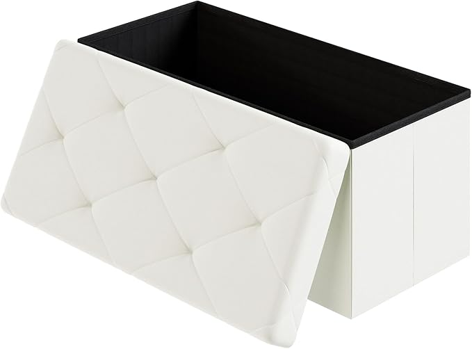 DUMOS 30 Inch Folding Storage Ottoman Bench, Large Hidden Storage Chest with Padded Seat, End of Bed Foot Rest Stool for Bedroom Living Room Entryway, Load 660 lbs, Lychee Grain Leather, Beige