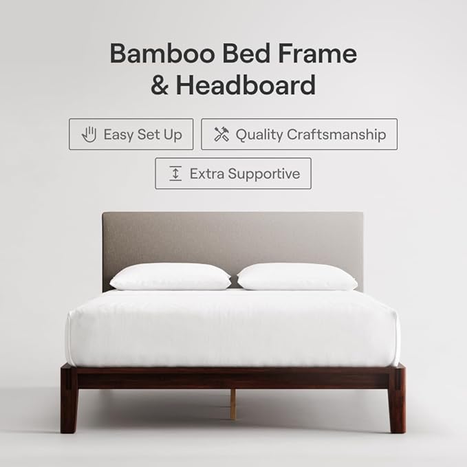Nectar Bamboo Platform Bed Frame & Upholstered Headboard - Queen - Walnut/Slate - Floating Center Support Legs -12” Height - Easy Tool Free Set Up - Sturdy Wooden Support Slats - Holds Up To 800 lbs