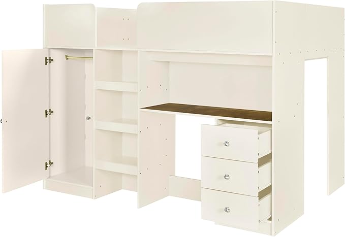 Harper & Bright Designs Full Size Loft Bed with Desk, Wood Full Loft Bed Frame with Built-in Wardrobe, Storage Shelves and Drawers, Beige