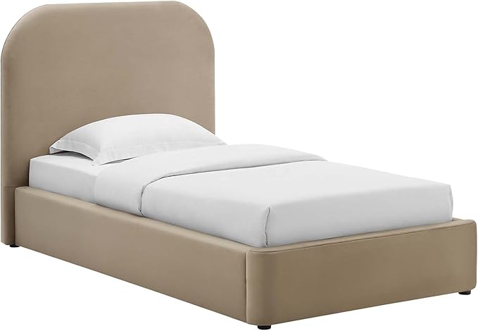 Modway Keynote Modern Bed Frame, Twin Size with Curve Shaped Headboard in Taupe, Performance Velvet
