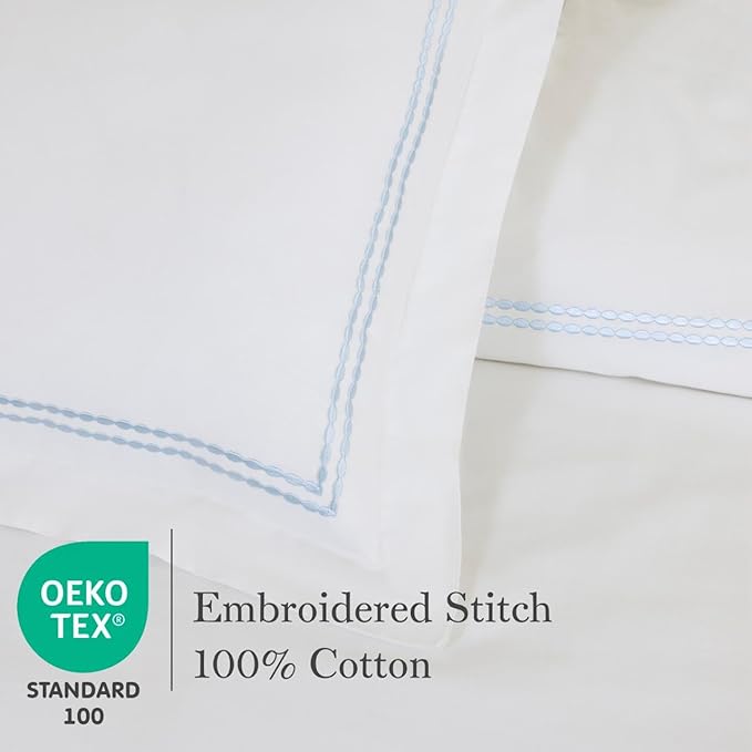 Dreamology White Duvet Cover Luxury Hotel Quality Bedding Set 100% Cotton Embroidered Duvet Covers with 2 Pillow Shams Hypoallergenic Zipper Closure 3 Pieces Duvet Set (Sky Blue, Queen)