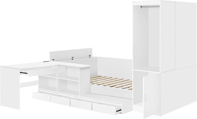 SOFTSEA Full Size Daybed with Wardrobe, L-Shaped Desk, 6 Drawers & USB Ports, Wooden Platform Bed with Open Shelves & Under Bed Storage, Space-Saving Corner Bed for Kids Teens, White