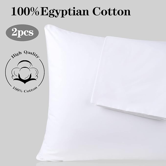 100% Egyptian Cotton Pillow Protectors Set of 2, 600 Thread Count Queen Size Bed Pillowcase with Zipper, Sateen Weave Cooling Pillow Cover Quiet and Breathable Easy Care (2PCS, Queen, White)