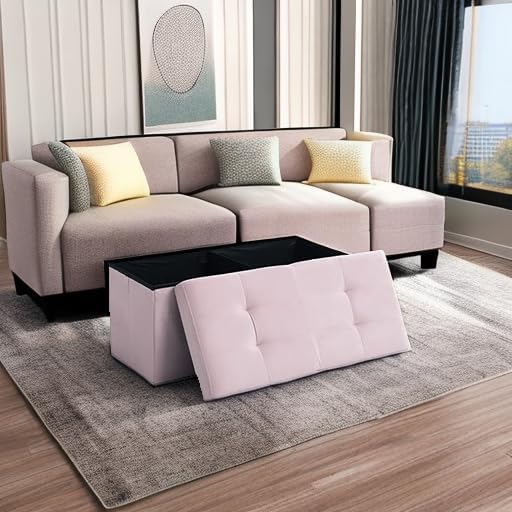 Storage Ottoman Bench Foldable Seat Footrest Shoe Bench End of Bed Storage with Flipping Lid, 75L Storage Space, 30 inches Velvet Pink
