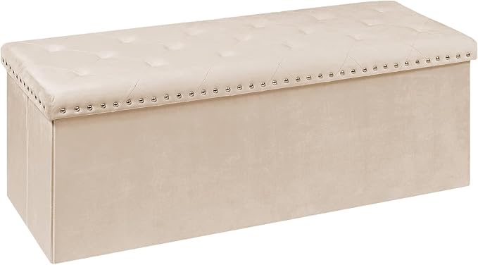 PINPLUS Folding Storage Ottoman Bench, Folding Velvet Tuffed Foot Rest Stool with Rivet, End of Bed Bench Large Long Shoes Chest for Bedroom Entryway Living Room, Beige, 41.3 Inches