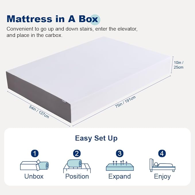 Amazon Basics Memory Foam Mattress, Soft Plush Feel, Breathable, 10 Inch, Full, White/Grey