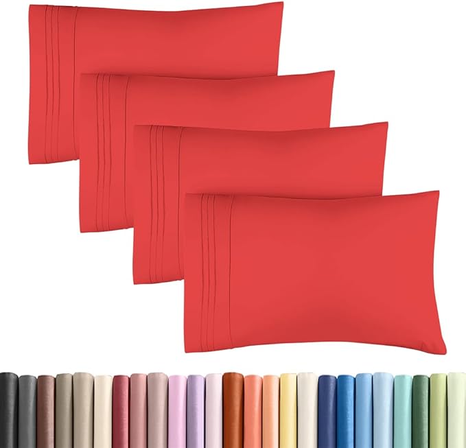 Standard Pillow Cases Set of 4 - Ultra Soft Hotel Quality Pillowcase Covers - Comfy Cozy Bedding for Women, Men, Kids & Teens - Machine Washable Pillow Protectors - 4 Piece Set - Standard Size Red