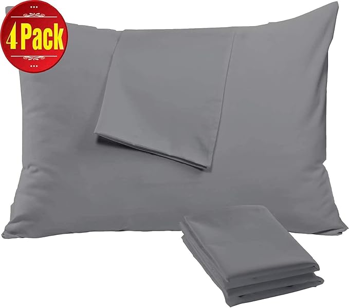 4 Pack Waterproof Grey Pillow Protectors Standard 20x26 Inches Smooth Zipper Premium Encasement Covers Quiet Cases Set