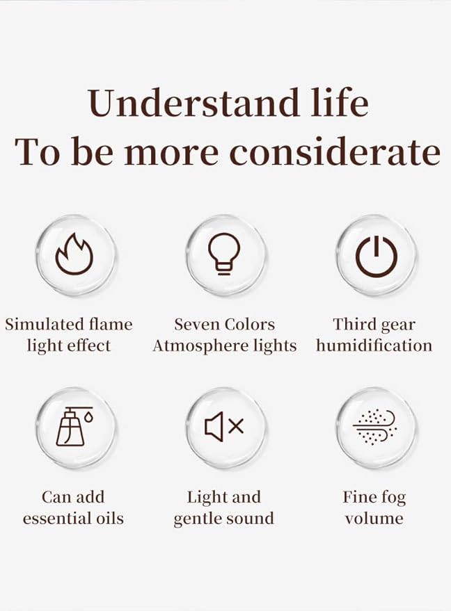 250ml Essential Oil Diffuser, Fireplace Flame Design Aromatherapy Humidifier, 7 Color LED Lights, Ultrasonic Quiet Auto Shut-Off Timer, BPA-Free for Home Bedroom Office (C08W)