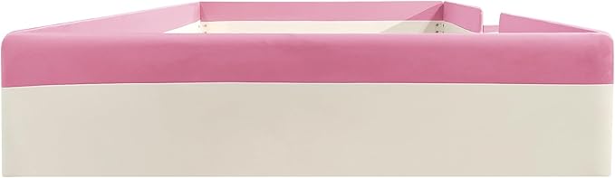 Merax Queen Size Floor Bed, Upholstered Kids Daybed Frame with Fence and Stairs, Wood Bed for Living Room, White+Pink