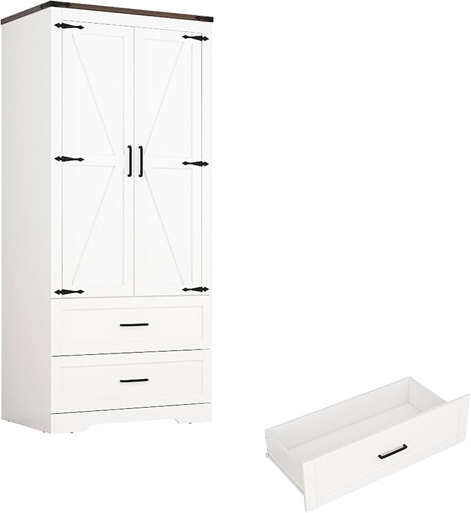 Hlivelood 2 Doors Wardrobe Armoire Closet with Doors and Drawers, Farmhouse Wooden Armoire Storage Cabinet with Shelves & Hanging Rod for Bedroom, White