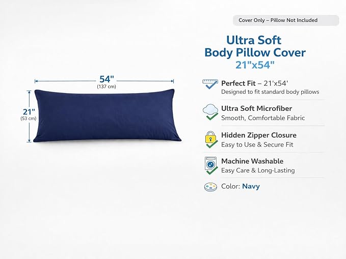 EVOLIVE Ultra Soft Body Pillow Cover 21"x54", Cozy Microfiber Pillowcase with Hidden Zipper, Breathable, Perfect for Pregnancy & Side Sleepers, Cover Only (21"x54" Body Pillow Cover, Navy)