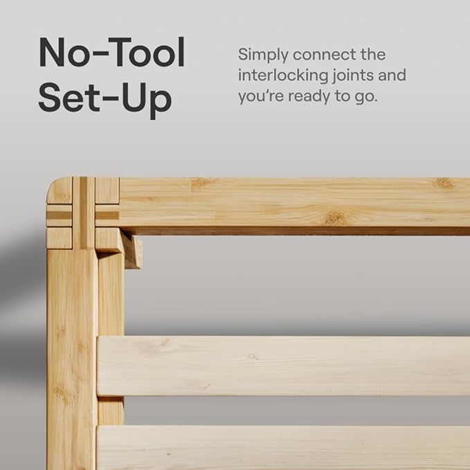 Nectar Bamboo Platform Bed Frame & Upholstered Headboard - King - Natural/Slate - Floating Center Support Legs -12” Height - Easy Tool Free Set Up - Sturdy Wooden Support Slats - Holds Up To 500 lbs