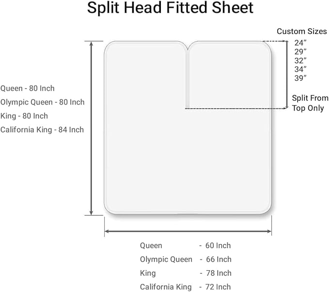Top Split Flex Head King Size Sheet Set, 34" Top Split Sheets, Sheet Sets for Adjustable Beds, Egyptian Cotton, 16 Inch Deep Pocket, Light Blue, Solid
