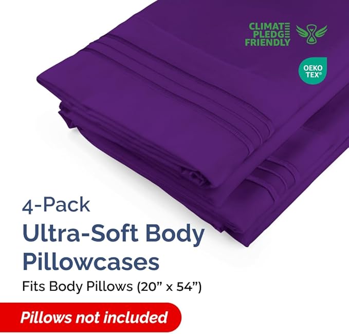 Body Pillowcases Set of 4-20x54 Long Body Pillow Case - Soft Body Pillow Cover for Sleeping & Side Sleepers - Comfy, Cozy Breathable & Fade Free - Machine Washable w/Envelope Enclosure - (Purple)