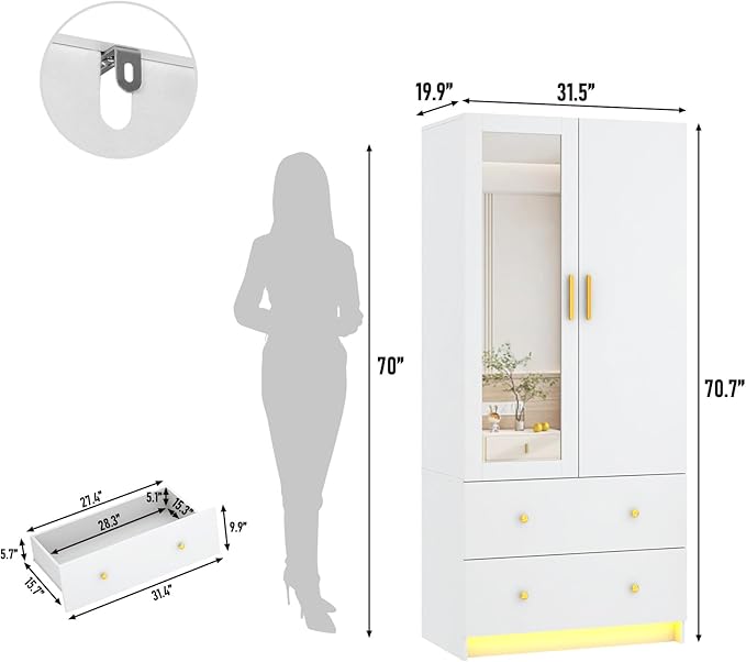 chartustriable 2 Doors Armoire Wardrobe Closet with Mirror, LED Closet with Doors and Drawers, Wooden Wardrobe Storage Cabinet with Hanging Rod, Small Armoire, White