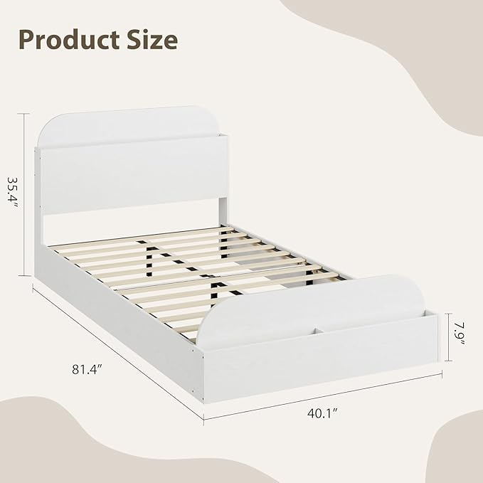 Garvee Twin Bed Frame with Headboard & Footboard – Low Platform Kids Bed, Wooden Twin-Floor Design, Noise-Free, No Box Spring Needed, White