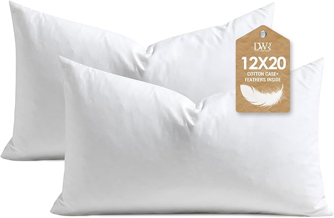 DWR Set of 2 Feather Down Throw Pillow Inserts 12x20 with Organic Cotton Cover, Feather Rectangular White Decorative Pillow Inserts for Bed, Sofa, and Couch