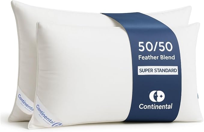 Continental Bedding 50/50 Down Feather Pillow, Fluffy Hotel Quality Side Sleeper Support, Breathable 300TC Cotton, RDS and Oeko TEX Certified