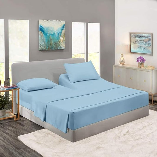 Rajlinen Flex Top King Sheet Set for Adjustable Bed, Split Head King Sheets 34 Inch Split, 100% Cotton, Deep Pocket 16 Inch, Light Blue Solid