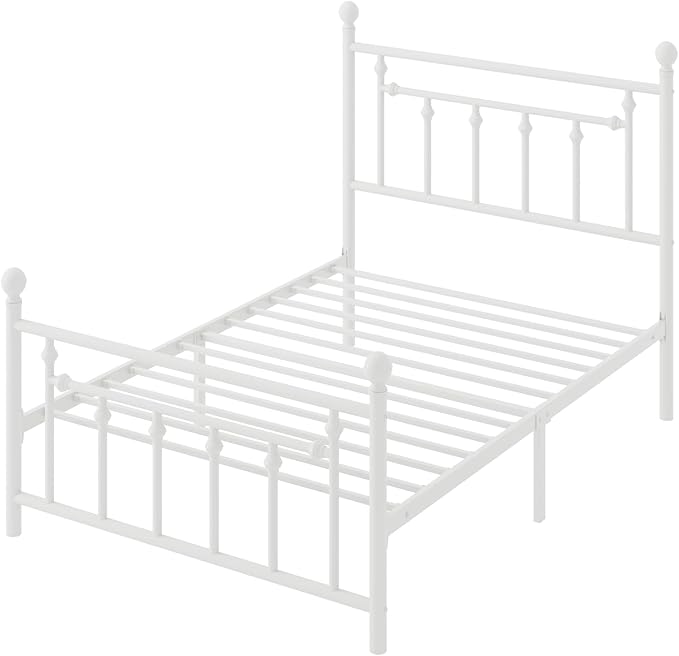 SHA CERLIN 14" Twin Size Metal Platform Bed Frame/Victorian Headboard and Footboard/Steel Slats Mattress Foundation for Storage/No Box Spring Needed/Noise Free/White