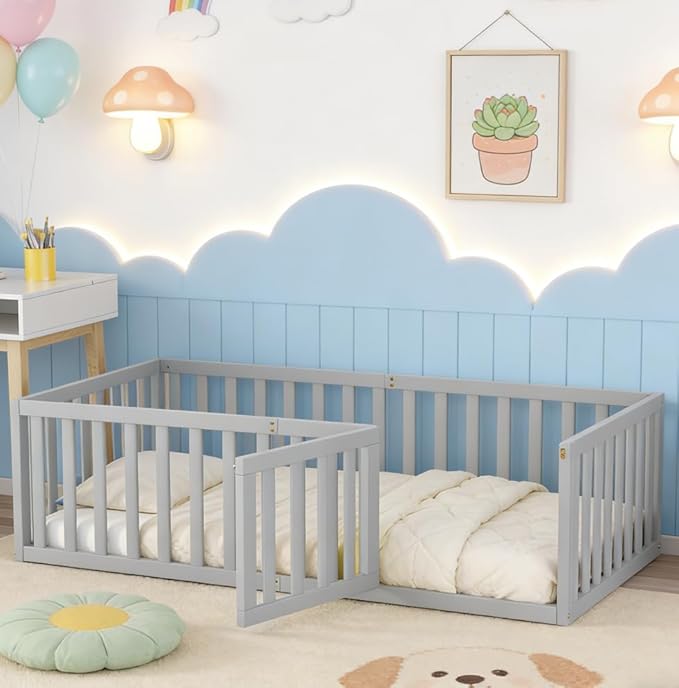 Bellemave Twin Size Montessori Floor Bed with 21.7" High Rails, Pine,Plywood Floor Bed with Small Door, Grey