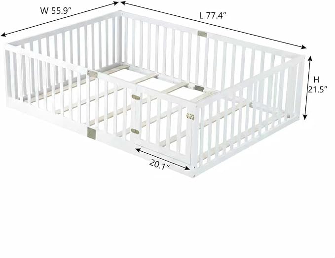 Bellemave Full Size Montessori Floor Bed with 21.5" High Rails, Rubber Wood Full Floor Bed with Slats and Door, White