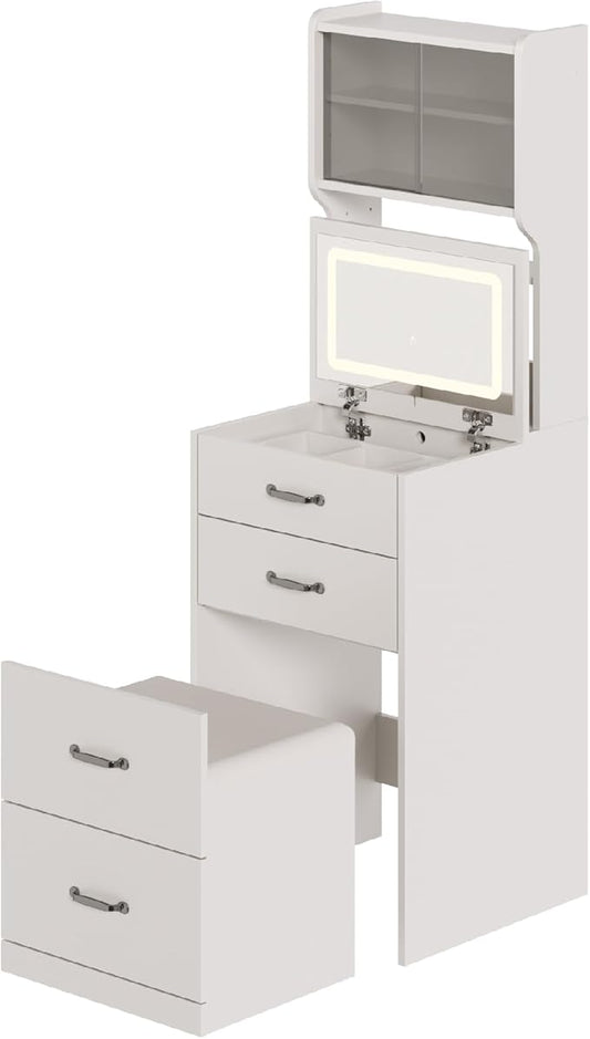 GarveeLife Compact Vanity, Make Up Vanity Desk with Mirror and Lights, White Vanity Table Set with Charger Station,Girls Small Vanity and Storage Chair