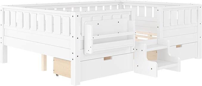 Bellemave Full Size Bed Frame with Storage Drawers & Bookshelf, Low Profile Kids Bed with Staircase & Full Length Guardrails, Solid Wood Full Size Bed Frame Kids with Slats Load 450 LBS, White