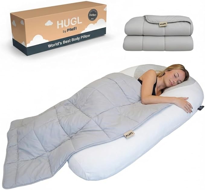 Plufl Hugl Cooling Body Pillow & Breeze Cooling Blanket Set | U-Shaped Memory Foam Pillow for Side Sleepers & Pregnancy | Lightweight Cooling Comforter for Hot Sleepers | Washable Covers | White