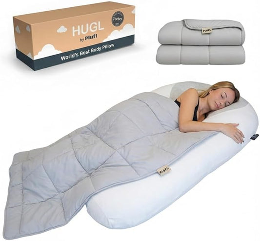 Plufl Hugl Cooling Body Pillow & Breeze Cooling Blanket Set | U-Shaped Memory Foam Pillow for Side Sleepers & Pregnancy | Lightweight Cooling Comforter for Hot Sleepers | Washable Covers | White