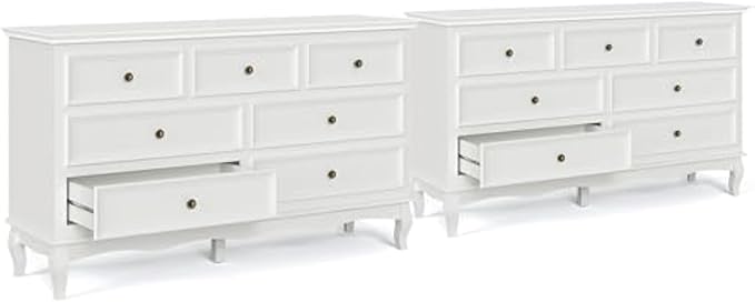 May in Color White 7 Drawer Dresser Set of 2 for Bedroom, Modern Chest of Drawers with Painted Finish, Wooden Storage Closet Cabinet Organizer for Living Room, Nursery, Hallway
