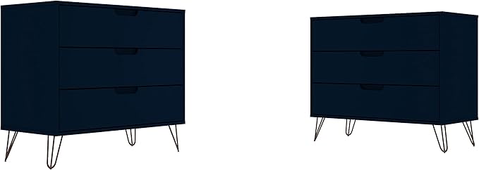 Manhattan Comfort Rockefeller 3-Drawer Dresser Set of 2, Entryway Wood Storage Cabinet, 32 Inch TV Stand Console Table, Anti Tip Kit Included for Bedroom, Nursery, Dorm, Living Room in Midnight Blue