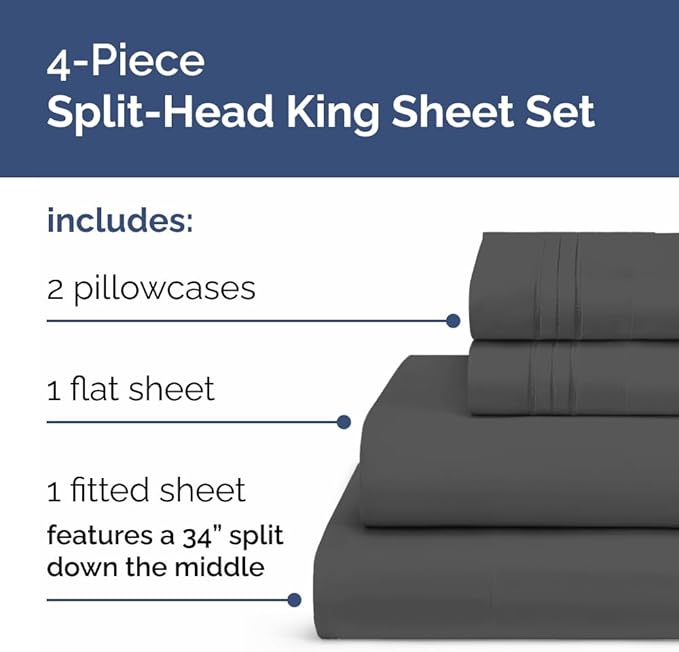 Flex Top Split Head King 4 Piece Sheet Set - Soft, Breathable & Cooling Bed Sheets Set - Hotel Luxury Bedding for Women & Men with Deep Pockets - Wrinkle Free & Fade Resistant - Oeko-Tex - Charcoal