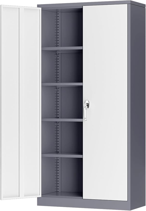 INTERGREAT Metal Lockable Storage Cabinet, 72” H Storage Cabinets with 2 Doors and 4 Adjustable Shelves for Office, Home, Garage, Pantry (Assembly Required, Gray White)