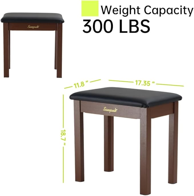 Sanpuli Solid Wood Piano Bench with Storage, Piano Stool and Padded Cushion, Keyboard Bench with Bookcase, Piano Chair and Piano Seat with High-Density Sponges.