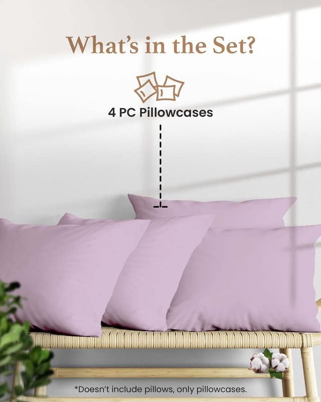 1000 TC Lavender Standard Pillowcases Set of 4 100% Egyptian Cotton Pillow Cases with Long Staple Cotton & Sateen Weave, Silky Soft Hotel - Like Bed Pillow Covers for Comfy Sleeping, Snug Fit