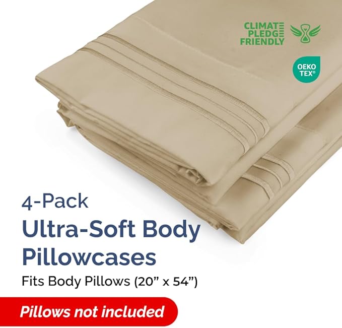 Body Pillowcases Set of 4-20x54 Long Body Pillow Case - Soft Body Pillow Cover for Sleeping & Side Sleepers - Comfy, Cozy Breathable & Fade Free - Machine Washable w/Envelope Enclosure - (Beige)
