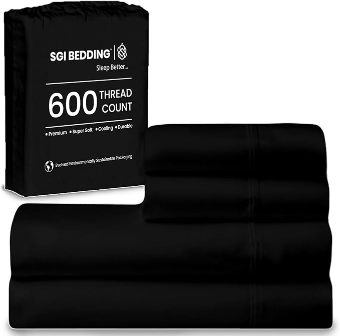 SGI bedding 100% Egyptian Cotton Sheets Queen Size – 600 Thread Count Sheets Set, Soft, Cooling, 15" Deep Pocket, Luxury Hotel Bedding, Breathable, Durable - Black