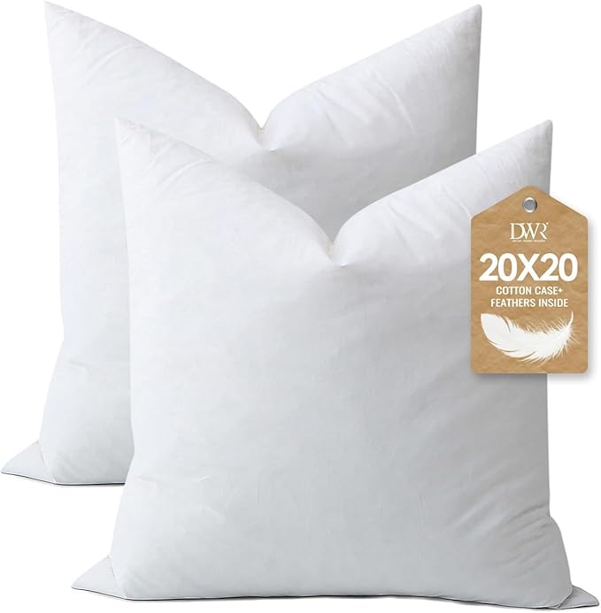 DWR Set of 2 Feather Down Throw Pillow Inserts 20x20 with Organic Cotton Cover, Feather Square White Decorative Pillow Inserts for Bed, Sofa, and Couch