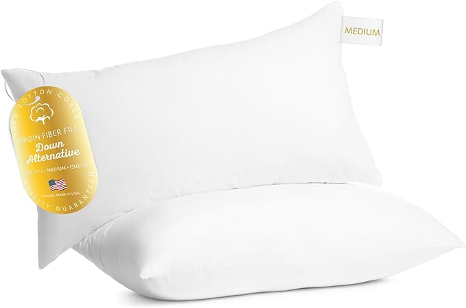 Digital Decor 100% Cotton Luxury Hotel Pillows Queen Size Set of 2, Cooling Hypoallergenic Down Alternative Bed Pillows for Sleeping, Medium Support for Side & Back Sleepers, Made in USA, 30" x 20"