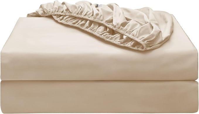2-Pack Pure Cotton Bottom Sheet Queen Size, 600 Thread Count 16" Deep Pocket Egyptian Cotton Fitted Sheet (2-Pack, Queen, Beige)