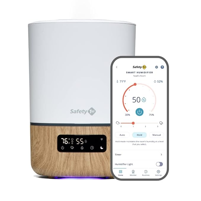 Safety 1st Connected Smart Humidifier — 1 Gallon (3.8L) Tank Size, Cool Mist Humidifier with Hygrometer and Nightlight, and Whisper Quiet for Baby Bedroom, Nursery, iOS and Android Compatible