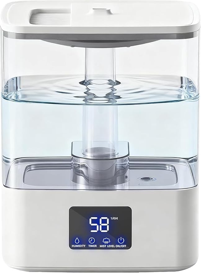 KZF 4L Top Fill Cool Mist Humidifier for Bedroom with 15H Runtime, 3 Mist Levels, 8H Timer, Essential Oil Tray, Humidity Display, Quiet Operation for Baby, Plants, Large Room