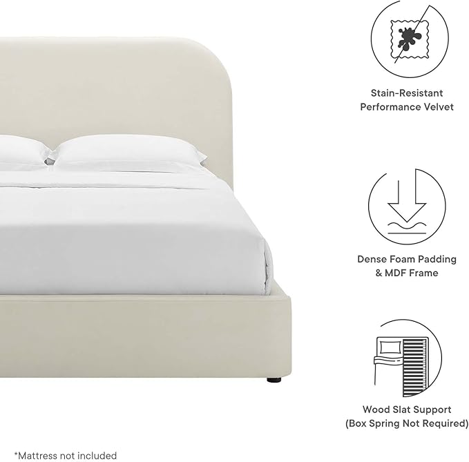 Modway Keynote Modern King Size Bed Frame with Curve Shaped Headboard in Alabaster, Upholstered Performance Velvet King Platform Bed, Soft Cloud Bed Frame, No Box Spring Needed
