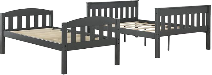DHP Airlie Convertible Wood Bunk Bed Twin Over Full Size, Stackable and Detachable Bed Frames for Kids, Teens, Angled Ladder, High Guardrail, Wood Slats, No Boxspring Required, Grey