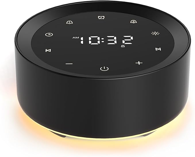 White Noise Machine with Alarm Clock & Night Light for Babies and Adults, 20 Soothing Sounds, Glare-Free Upward Display, Touch Control, Memory Function, 5 Sleep Timers, Black