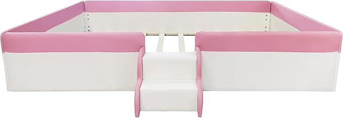 Merax Full Size Daybed Frame with Fence, Stairs, Upholstered Wood Bed for Living Room, Floor Bed, White+Pink
