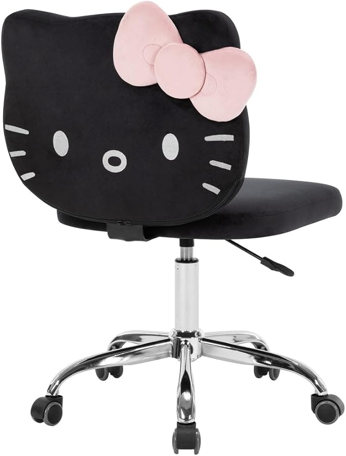 Impressions Vanity Hello Kitty Kawaii Swivel Vanity Chair for Makeup Room, Adjustable Height Cute Desk Chair with Wheels Rolling, Comfy Polyurethane Foam Back Armless Chair for Dorm (Black)