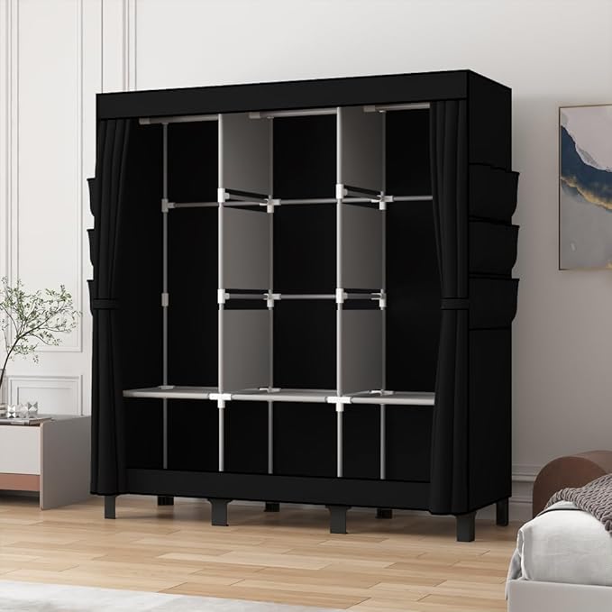 Portable Closet, 51.18" Large Capacity Clothing Storage Organizer with 3 Hanging Rods 6 Shelves 18 Side Pockets, Dustproof Sturdy Wardrobe for Bedroom Dorm Rental Apartment(Black, Large)